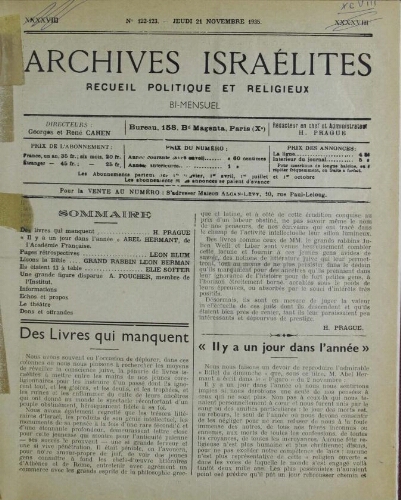 Archives israélites de France. Vol.98 N°122-123 (21 nov. 1935)